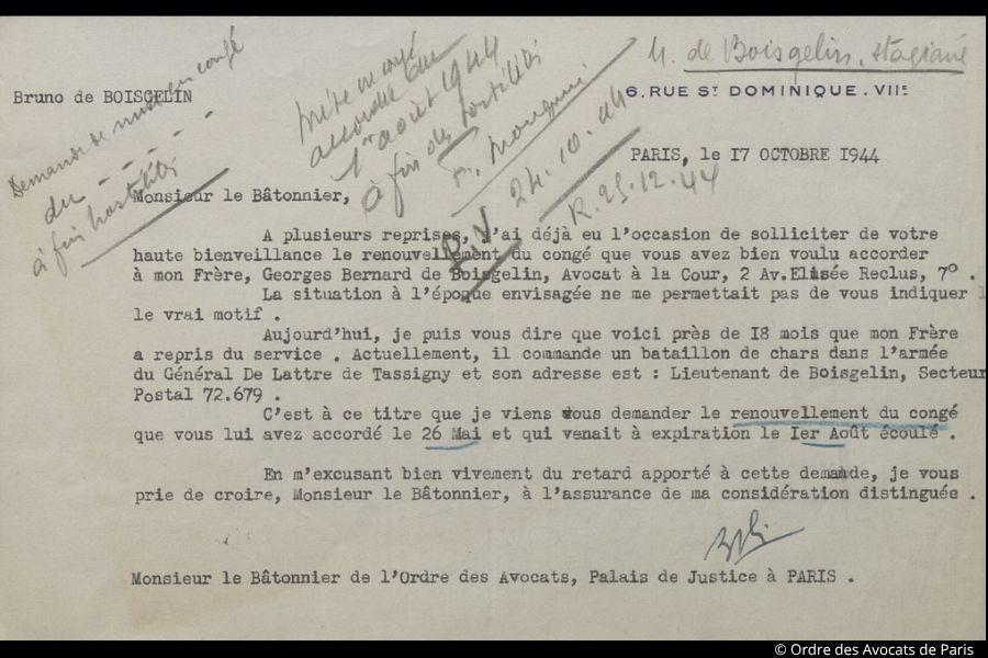 De Boisgelin lettre frere conge octobre 1944