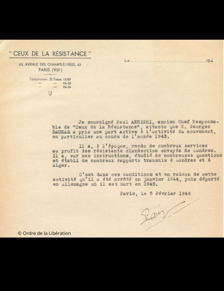 Daumas Georges attestation Paul Arrighi 1946