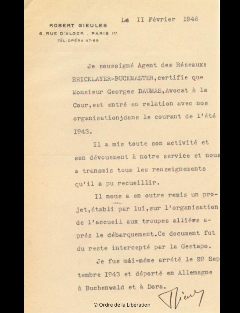 Daumas Georges attestation Robert Gieules 1946