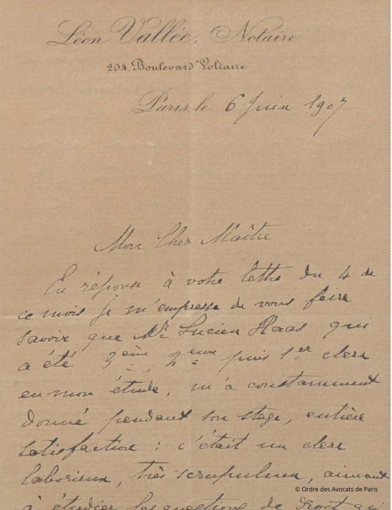 Haas Lucien lettre stage 1907