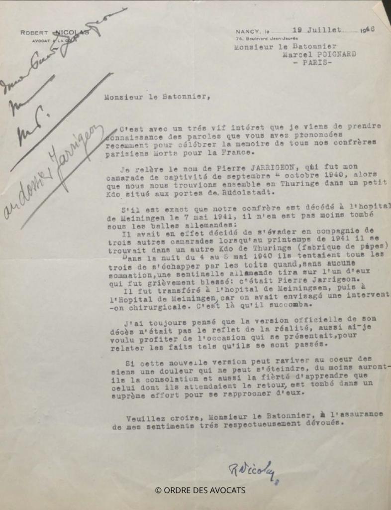Jarrigeon Pierre lettre camarade captivite 1946
