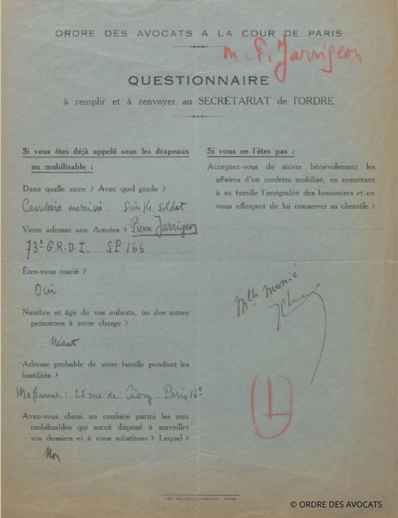 Jarrigeon Pierre questionnaire mobilisation 1939