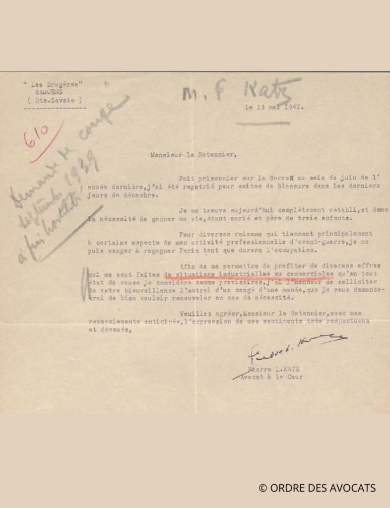 Katz Pierre lettre prisonnier 1941