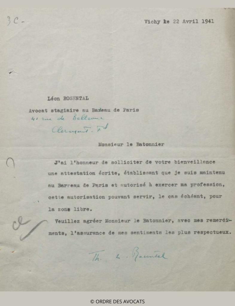 Lettre de Léon Rosental au bâtonnier, 22 avril 1941. Rosental Leon 1941