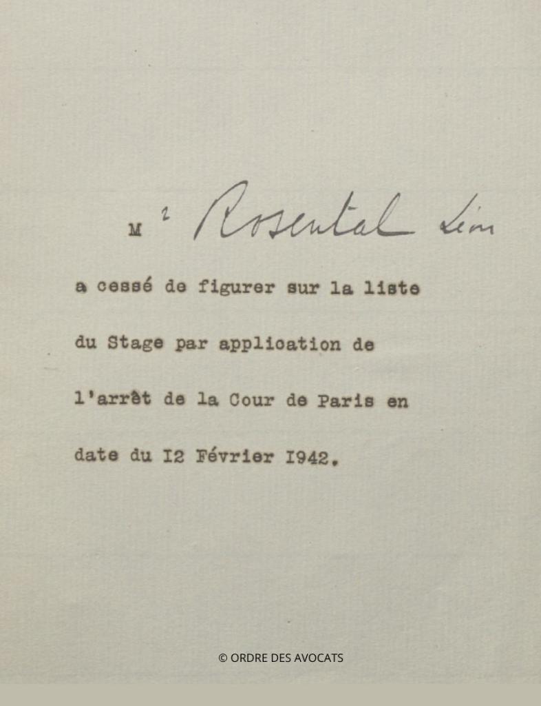 Arrêté de radiation, février 1941 Rosental Leon arret 1942