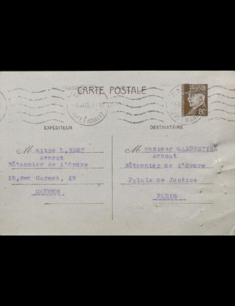 Carte postale envoyée au bâtonnier, novembre 1941. Rosental Leon batonnier Cannes 1941