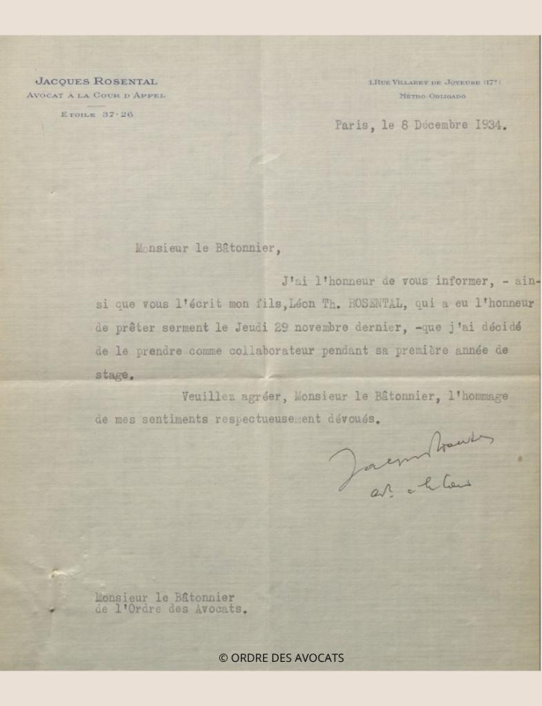 Lettre du père de léon au bâtonnier, 1934 Rosental Leon lettre pere 1934