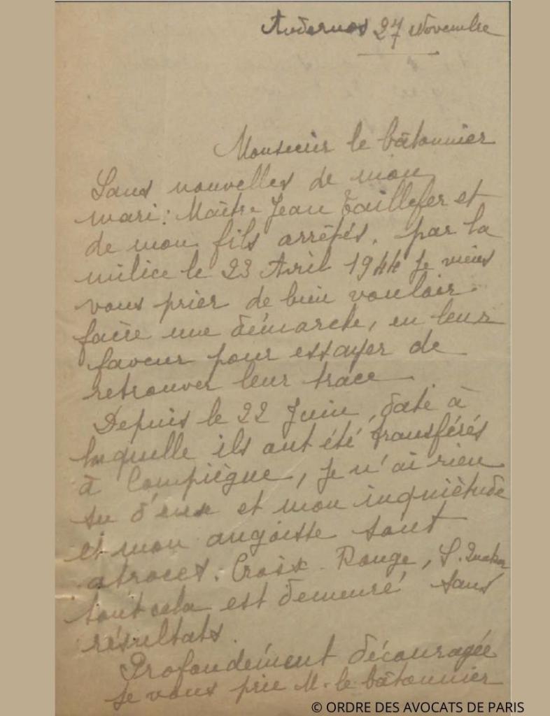 Taillfer arrestation lettre femme1944