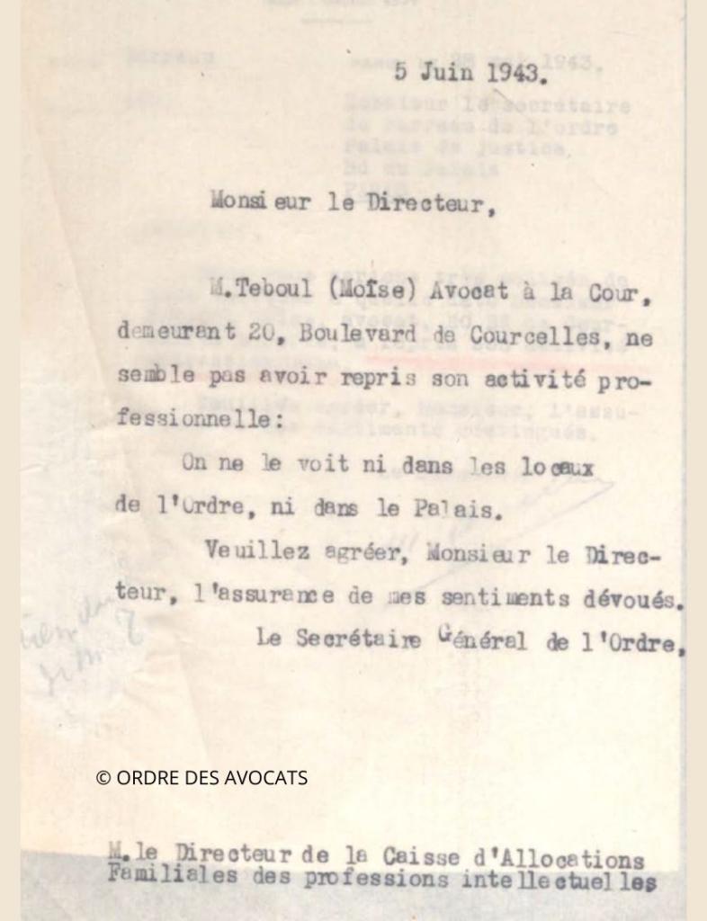 Teboul Maurice lettre ODA 1943