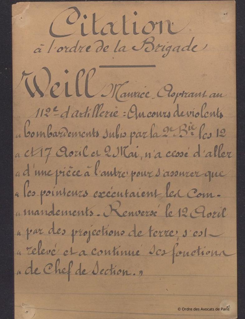 Weill Raynal citation brigade 1916