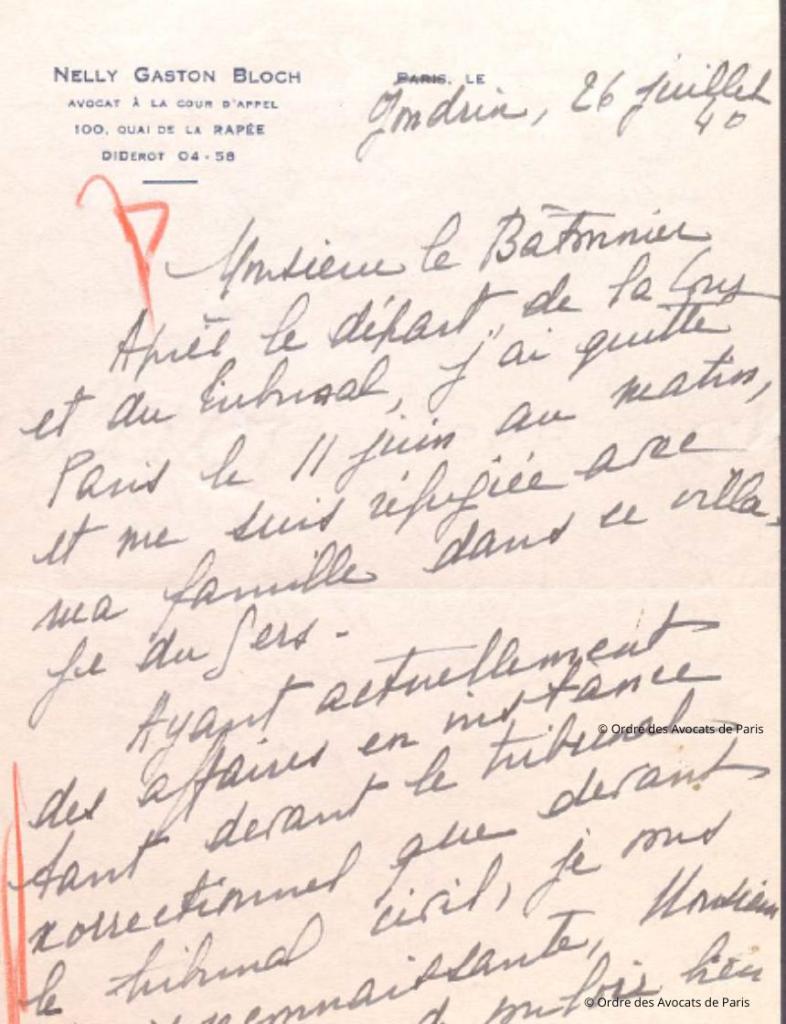 Lettre de Nelly Bloch au bâtonnier, 1940