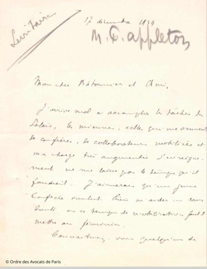 Lettre Paul Appleton 1939