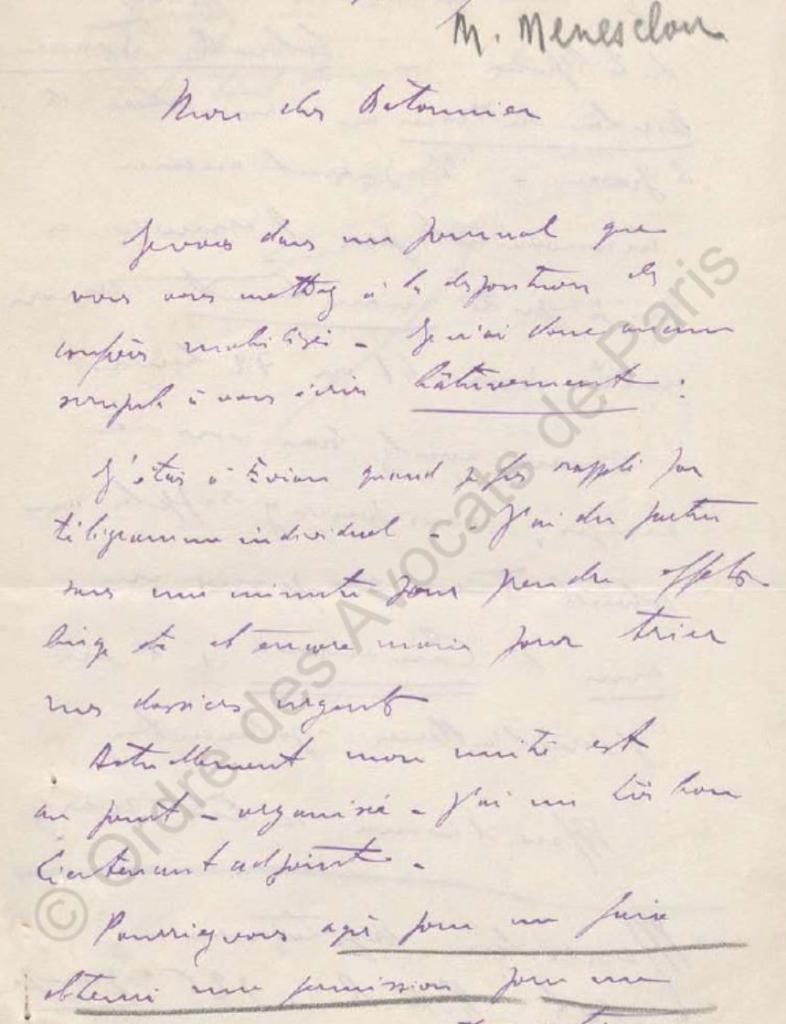 Lettre de Marcel Menesclou au Bâtonnier 6 septembre 1939