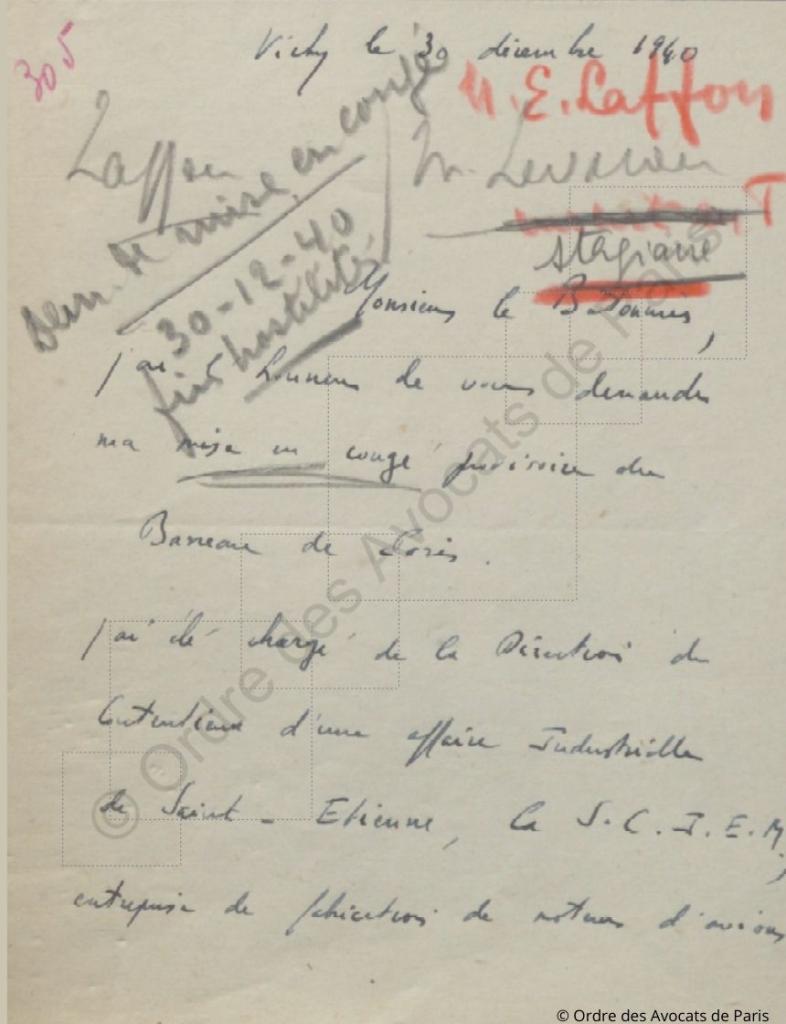 Lettre d'Emile Laffon au bâtonnier, 1940.