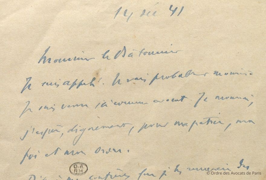 Lettre de Pierre Masse au Bâtonnier