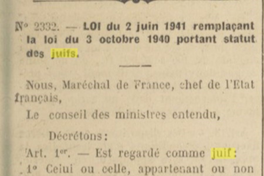 Loi du 2 juin 1941 portant statuts des juifs