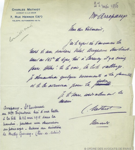 Arrepaux lettre 27 mai 1915