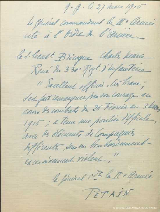 Bricogne citation signe Petain 1916