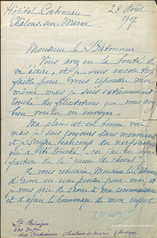 Bricogne lettre au batonnier 28 aot 1917