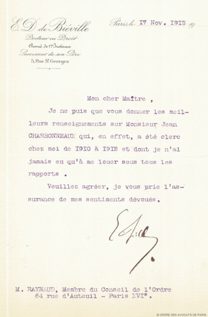 Charbonneaux Jean lettre de recommandation