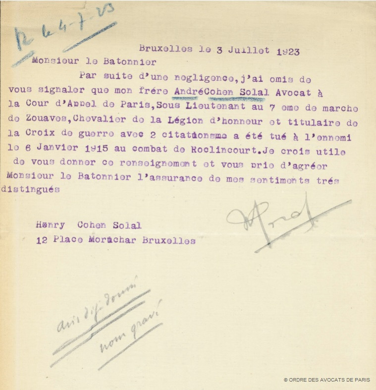 CohenSolal lettre du frere 3 juillet 1923