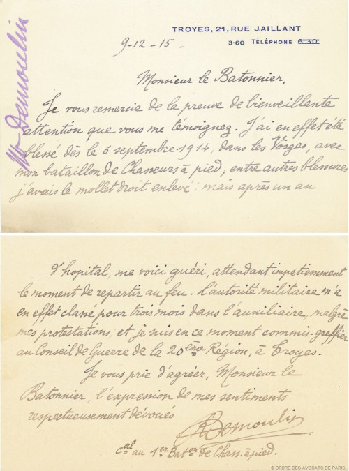 Demoulin Carte au Bâtonnier