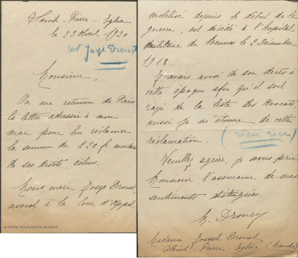 Drouet lettre de sa femme 1920