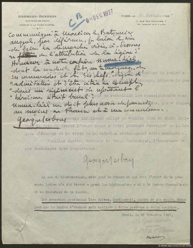 Leal lettre Desbons 1927