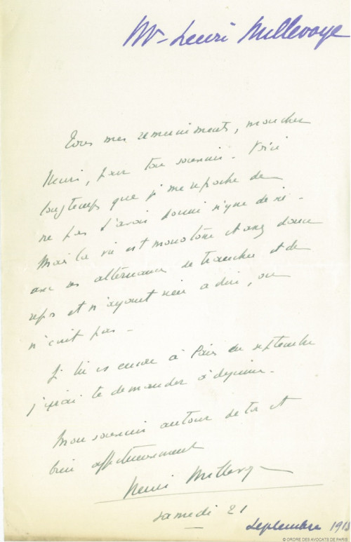 Lettre d'Henri Millevoye au Bâtonnier