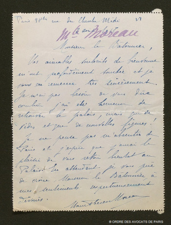 Moreau lettre au bâtonnier 1918