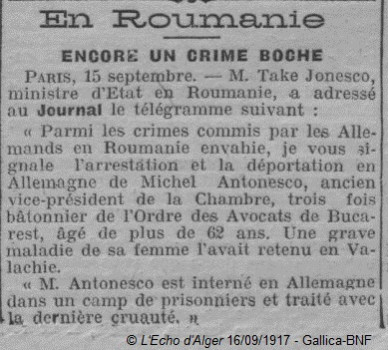 Echo d'alger 16091917 roumanie batonnier 