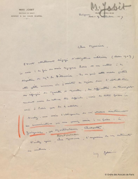 Lettre de Max Jobit, 7 septembre 1939